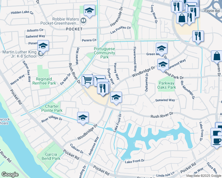map of restaurants, bars, coffee shops, grocery stores, and more near 7514 Windbridge Drive in Sacramento