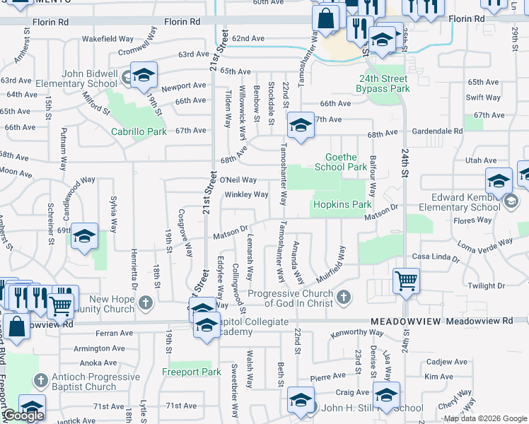 map of restaurants, bars, coffee shops, grocery stores, and more near 2157 Vollan Way in Sacramento
