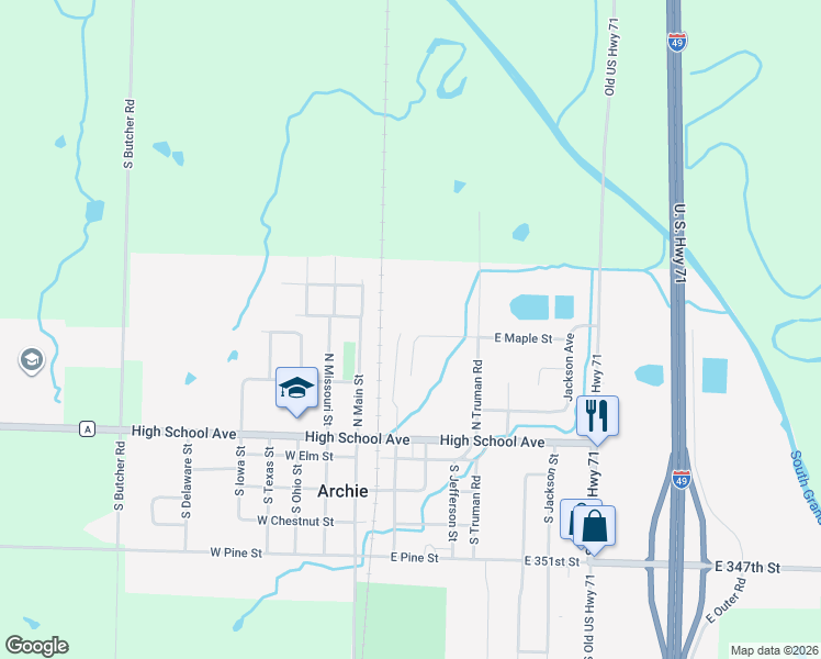 map of restaurants, bars, coffee shops, grocery stores, and more near 304 East Maple Street in Archie