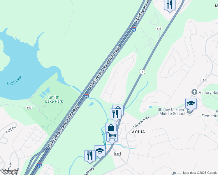 map of restaurants, bars, coffee shops, grocery stores, and more near 1011 Kings Crest Drive in Stafford