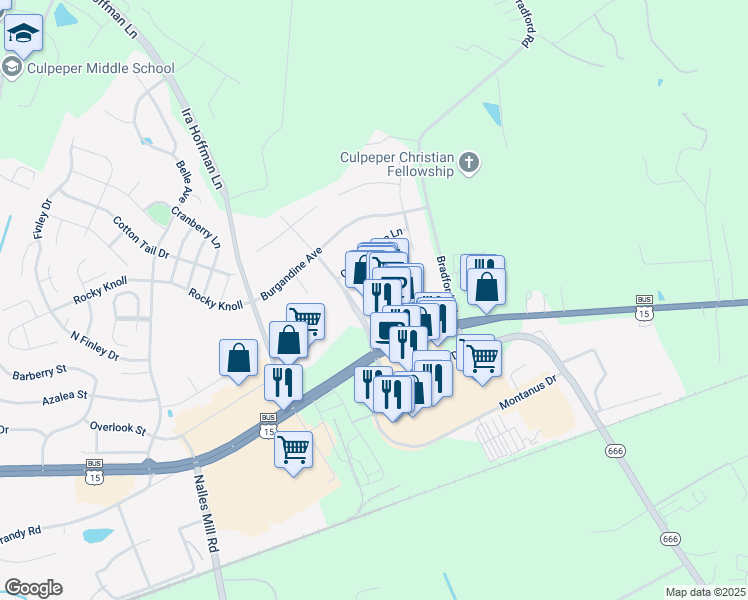 map of restaurants, bars, coffee shops, grocery stores, and more near 15341 Montanus Drive in Culpeper