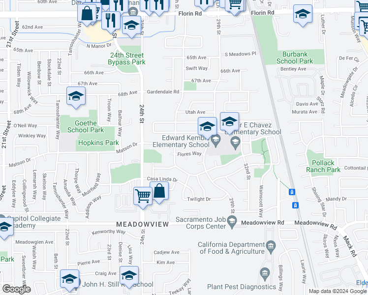 map of restaurants, bars, coffee shops, grocery stores, and more near 2640 69th Avenue in Sacramento