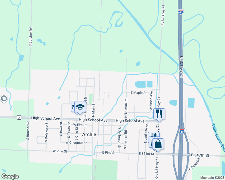map of restaurants, bars, coffee shops, grocery stores, and more near 304 East Maple Street in Archie