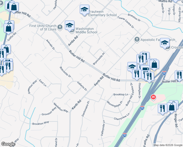 map of restaurants, bars, coffee shops, grocery stores, and more near 4533 Bryncastle Place in St. Louis