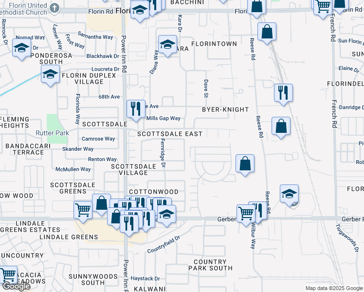 map of restaurants, bars, coffee shops, grocery stores, and more near 8206 Moorhaven Way in Sacramento