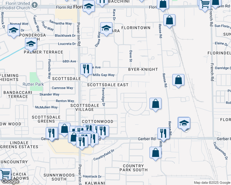 map of restaurants, bars, coffee shops, grocery stores, and more near 8206 Moorhaven Way in Sacramento