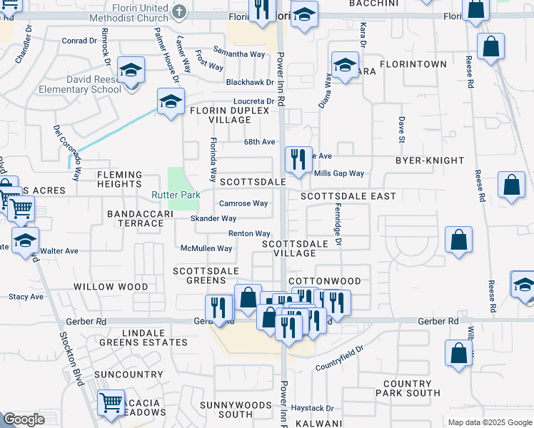 map of restaurants, bars, coffee shops, grocery stores, and more near 8012 Camrose Way in Sacramento