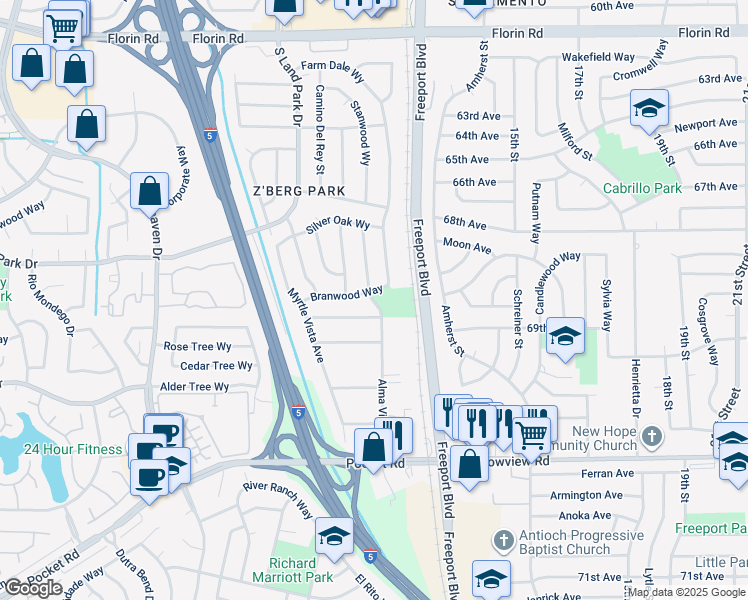 map of restaurants, bars, coffee shops, grocery stores, and more near 7412 Farm Dale Way in Sacramento