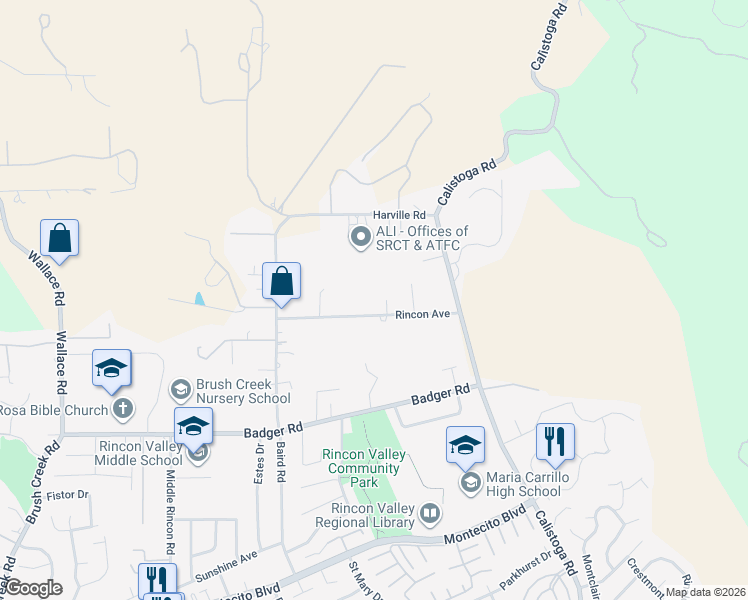 map of restaurants, bars, coffee shops, grocery stores, and more near 5021 Rincon Avenue in Santa Rosa