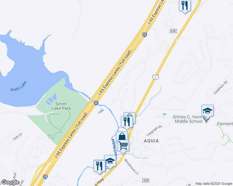 map of restaurants, bars, coffee shops, grocery stores, and more near 1100 Kings Crest Drive in Stafford