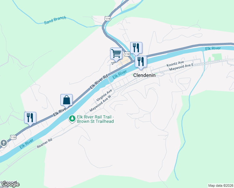 map of restaurants, bars, coffee shops, grocery stores, and more near 403 Virginia Avenue in Clendenin
