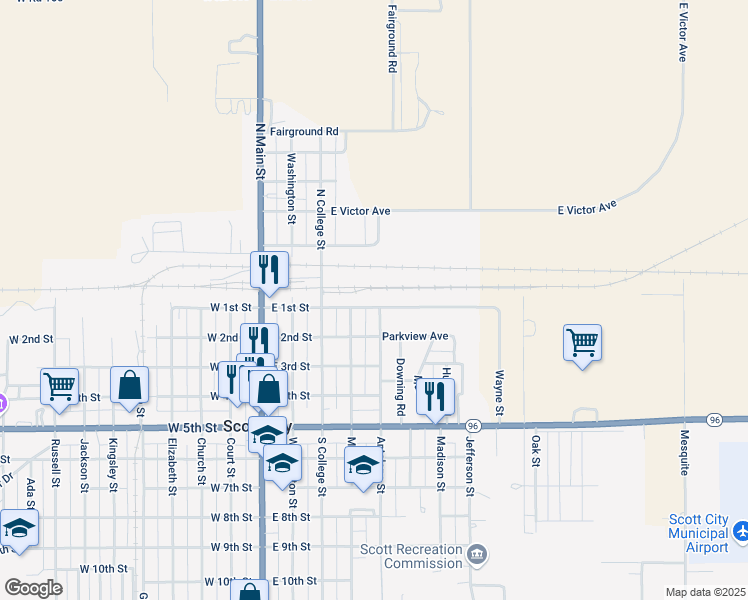 map of restaurants, bars, coffee shops, grocery stores, and more near 410 East 1st Street in Scott City
