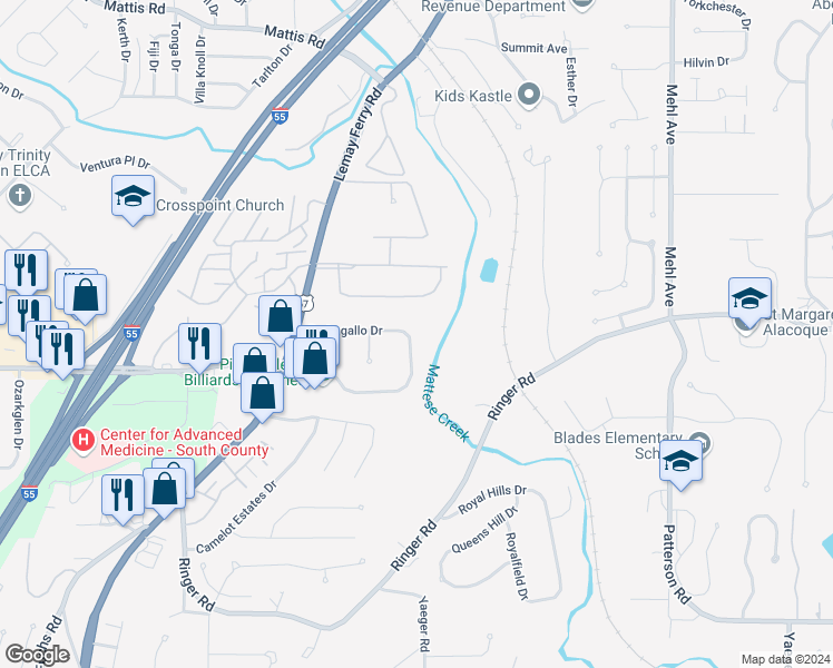 map of restaurants, bars, coffee shops, grocery stores, and more near 5002 Barbagallo Drive in St. Louis