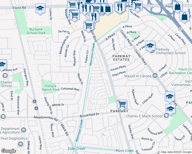 map of restaurants, bars, coffee shops, grocery stores, and more near 4358 Shining Star Drive in Sacramento
