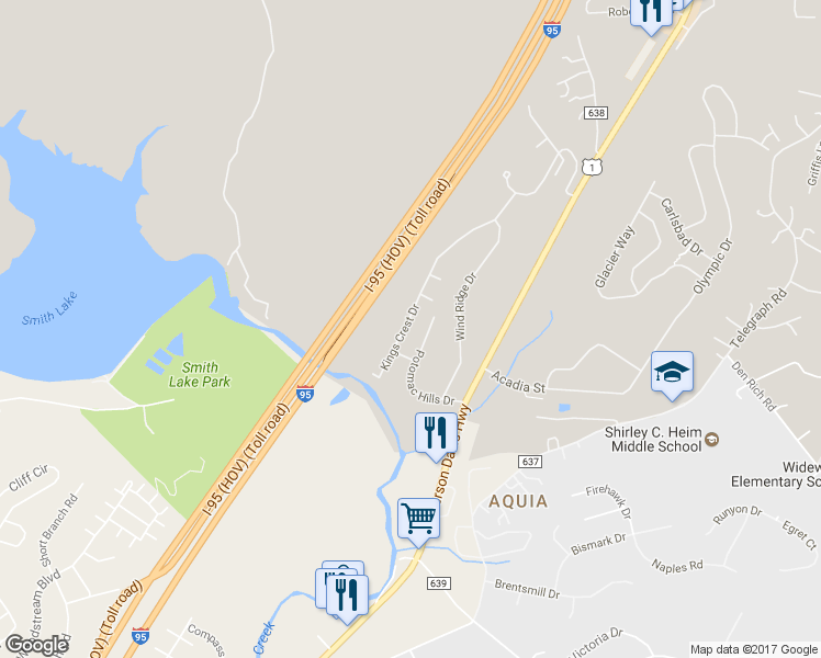 map of restaurants, bars, coffee shops, grocery stores, and more near 1005 Kings Crest Drive in Stafford