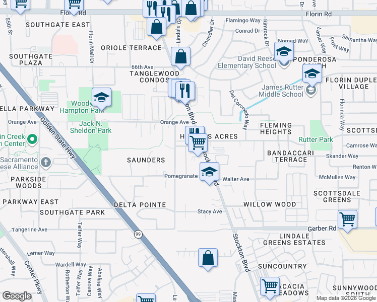 map of restaurants, bars, coffee shops, grocery stores, and more near 7444 Phan Lane in Sacramento