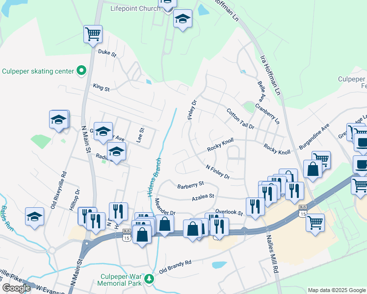 map of restaurants, bars, coffee shops, grocery stores, and more near 1417 Thomas Way in Culpeper