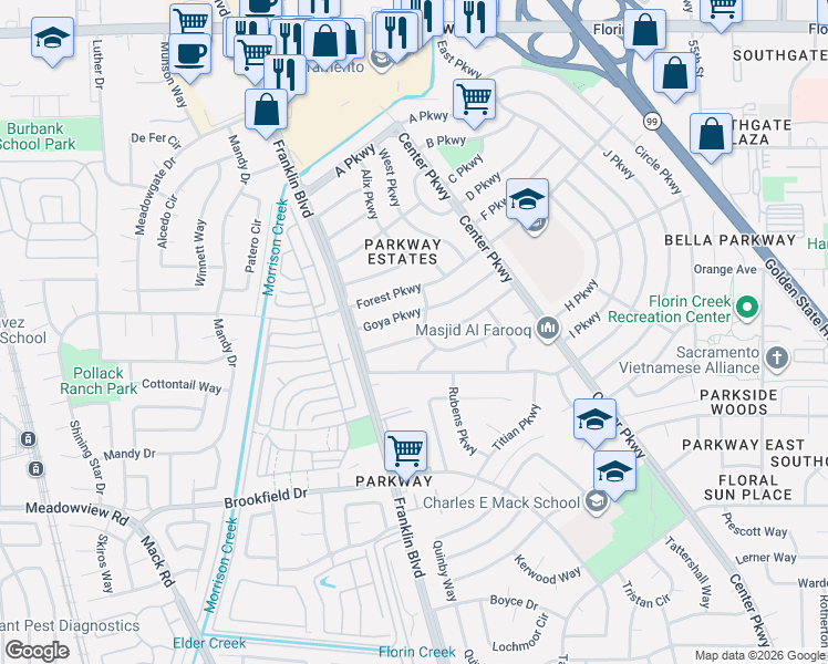 map of restaurants, bars, coffee shops, grocery stores, and more near 7650 Goes Parkway in Sacramento