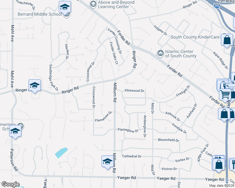 map of restaurants, bars, coffee shops, grocery stores, and more near 5034 Milburn Road in Saint Louis