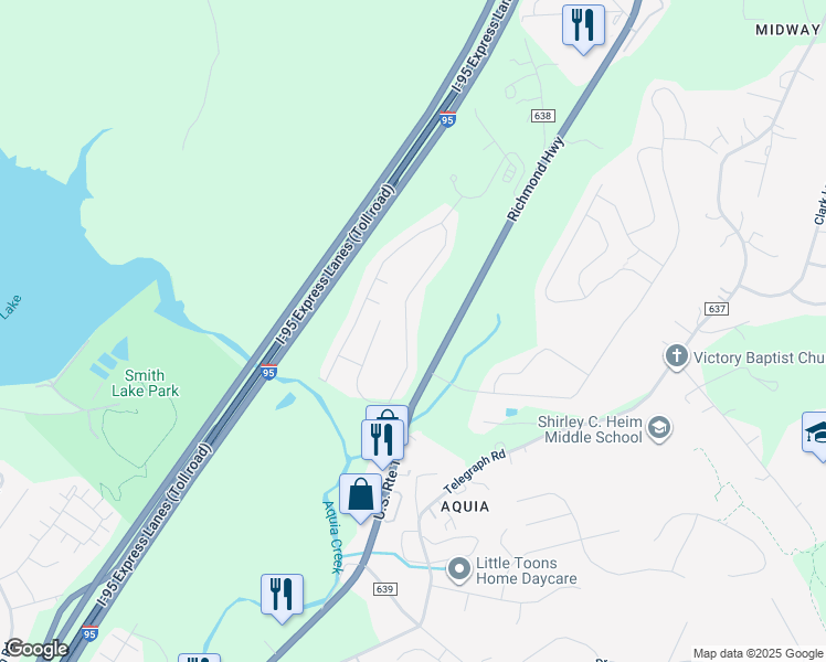 map of restaurants, bars, coffee shops, grocery stores, and more near 500 Wind Ridge Drive in Stafford