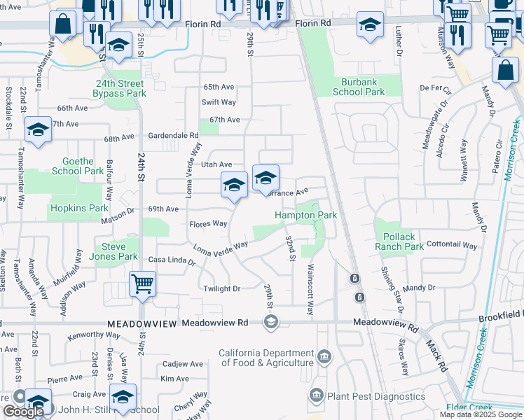 map of restaurants, bars, coffee shops, grocery stores, and more near 7495 29th Street in Sacramento