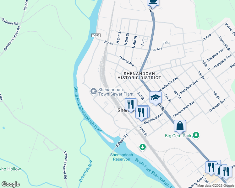 map of restaurants, bars, coffee shops, grocery stores, and more near 314 1st Street in Shenandoah