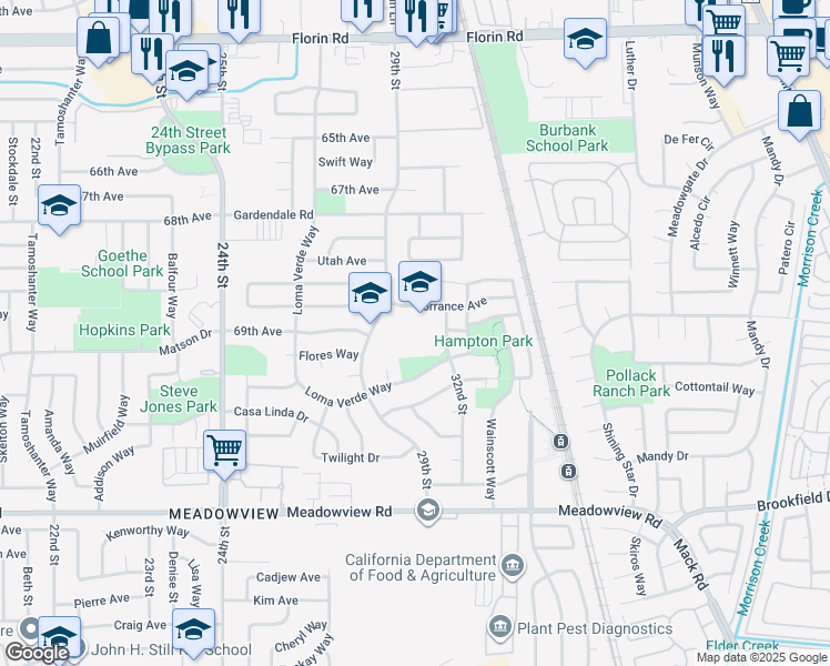 map of restaurants, bars, coffee shops, grocery stores, and more near 2900-3098 Torrance Avenue in Sacramento