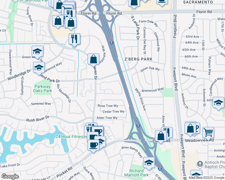 map of restaurants, bars, coffee shops, grocery stores, and more near 130 Fountain Oaks Circle in Sacramento