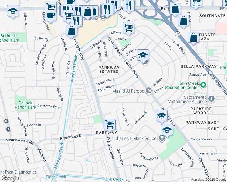 map of restaurants, bars, coffee shops, grocery stores, and more near 7650 Goes Parkway in Sacramento