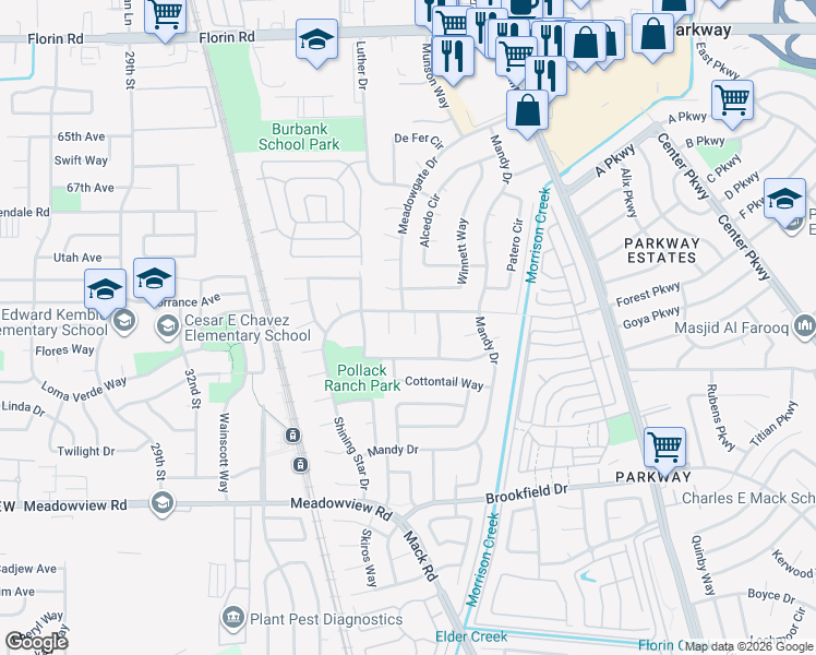 map of restaurants, bars, coffee shops, grocery stores, and more near 10 Synthia Court in Sacramento