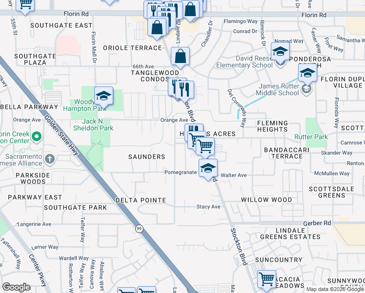 map of restaurants, bars, coffee shops, grocery stores, and more near 7444 Phan Lane in Sacramento
