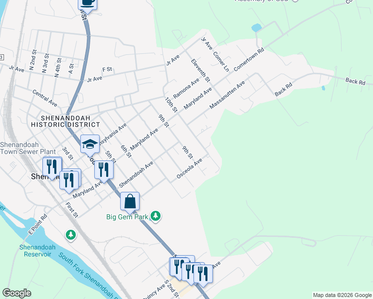 map of restaurants, bars, coffee shops, grocery stores, and more near 708 State Route 719 in Shenandoah