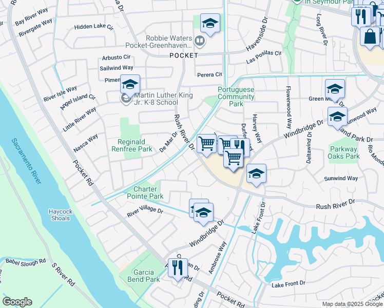 map of restaurants, bars, coffee shops, grocery stores, and more near 7438 Rush River Drive in Sacramento