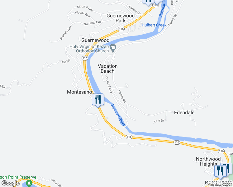 map of restaurants, bars, coffee shops, grocery stores, and more near 17672 Greentree Way in Guerneville