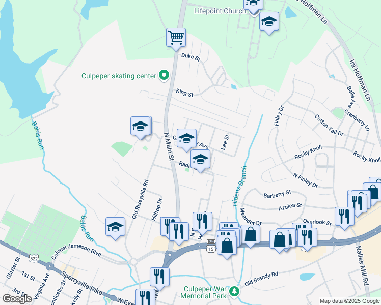 map of restaurants, bars, coffee shops, grocery stores, and more near 205 Grandview Avenue in Culpeper