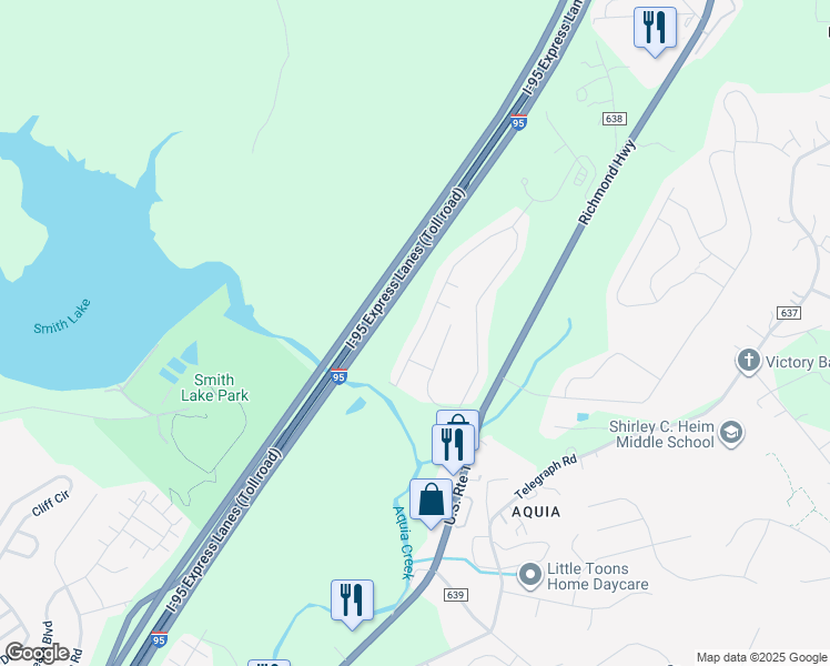 map of restaurants, bars, coffee shops, grocery stores, and more near 1008 Kings Crest Drive in Stafford