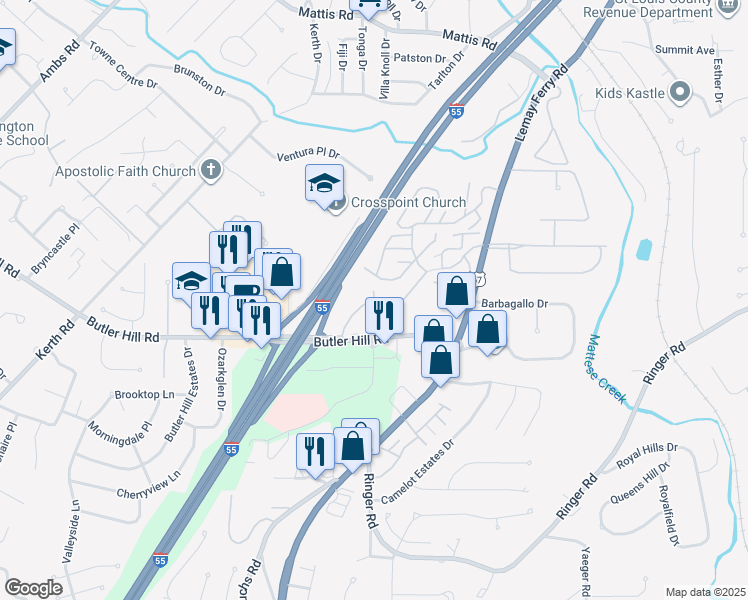 map of restaurants, bars, coffee shops, grocery stores, and more near 5050 Clayridge Dr in St Louis