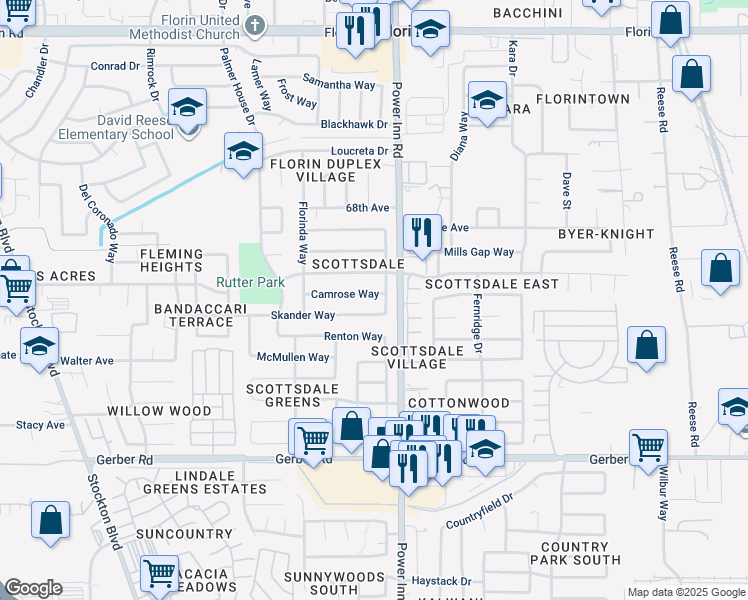 map of restaurants, bars, coffee shops, grocery stores, and more near 8012 Camrose Way in Sacramento