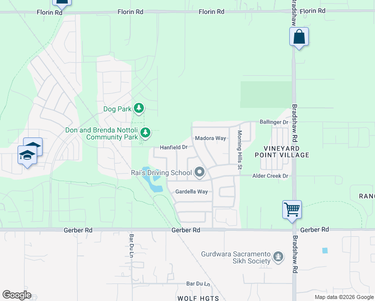 map of restaurants, bars, coffee shops, grocery stores, and more near 9532 Hanfield Drive in Sacramento