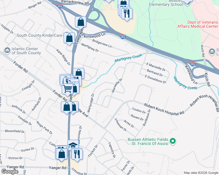 map of restaurants, bars, coffee shops, grocery stores, and more near 4249 Massabielle Drive in St. Louis