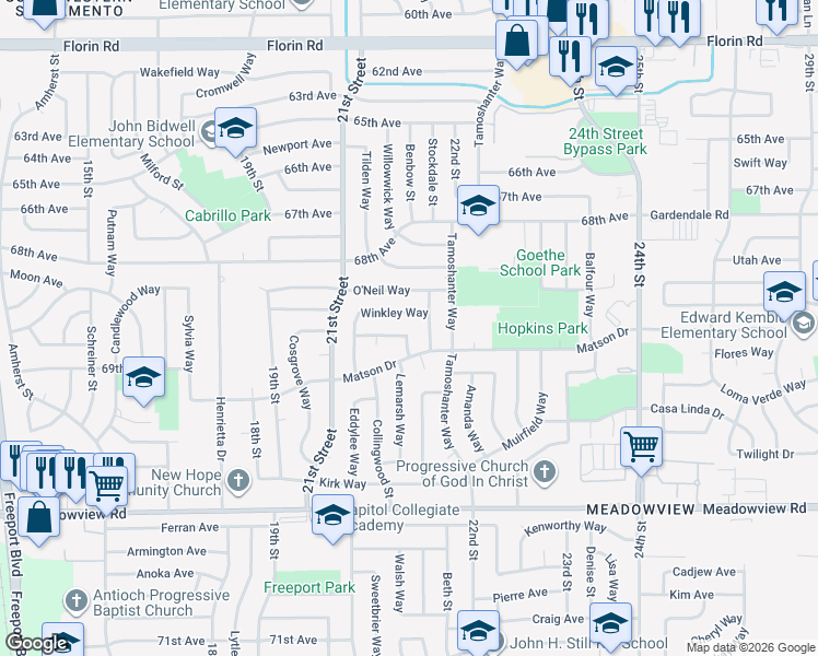 map of restaurants, bars, coffee shops, grocery stores, and more near 2157 Vollan Way in Sacramento