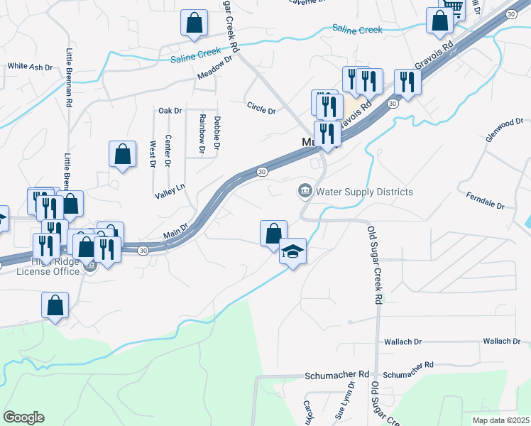 map of restaurants, bars, coffee shops, grocery stores, and more near 4300 Kings Acres Drive in High Ridge