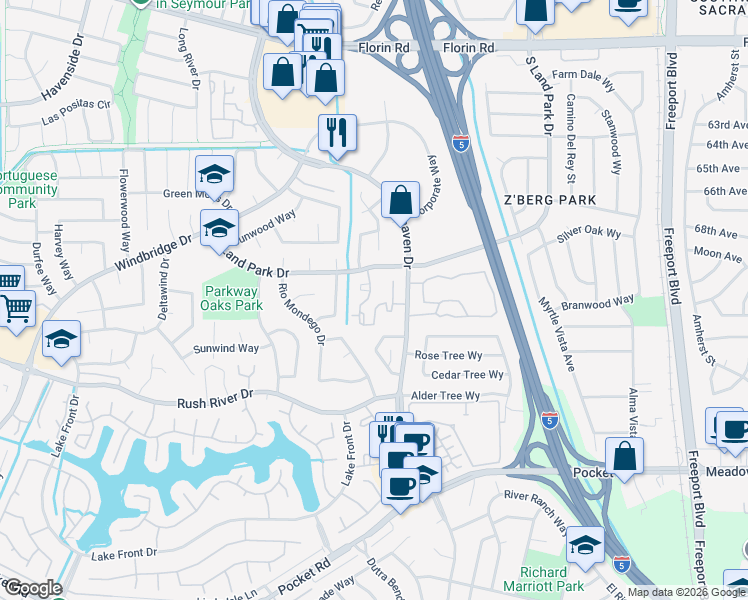 map of restaurants, bars, coffee shops, grocery stores, and more near 7401 South Land Park Drive in Sacramento