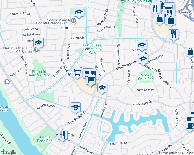 map of restaurants, bars, coffee shops, grocery stores, and more near 7502 Durfee Way in Sacramento
