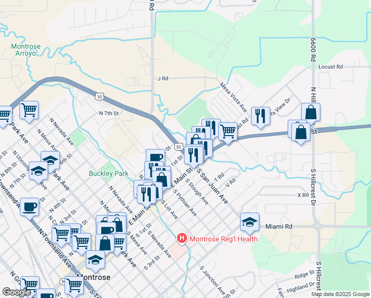 map of restaurants, bars, coffee shops, grocery stores, and more near 1301 North 1st Street in Montrose