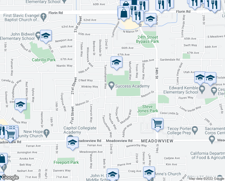 map of restaurants, bars, coffee shops, grocery stores, and more near 2221 Matson Drive in Sacramento