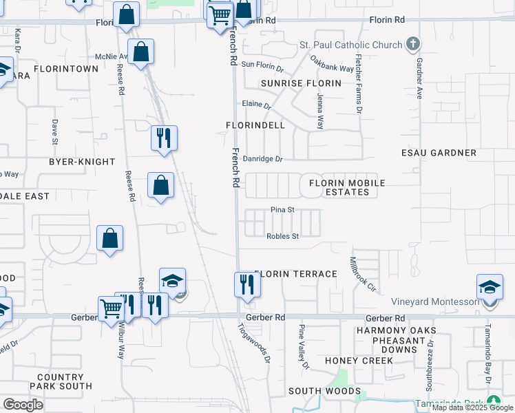 map of restaurants, bars, coffee shops, grocery stores, and more near 9 Pina Street in Sacramento