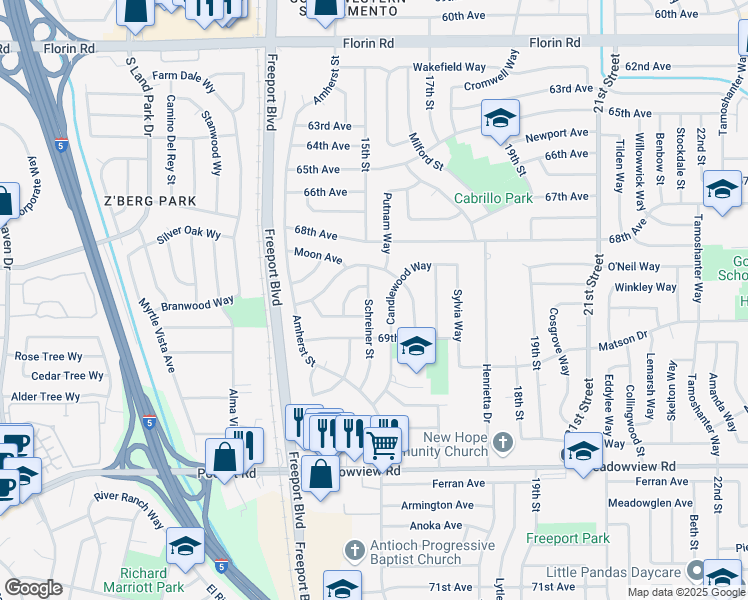 map of restaurants, bars, coffee shops, grocery stores, and more near 7459 Schreiner Street in Sacramento