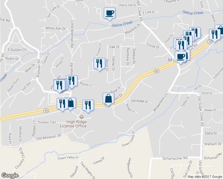 map of restaurants, bars, coffee shops, grocery stores, and more near 4417 Ridge Drive in High Ridge
