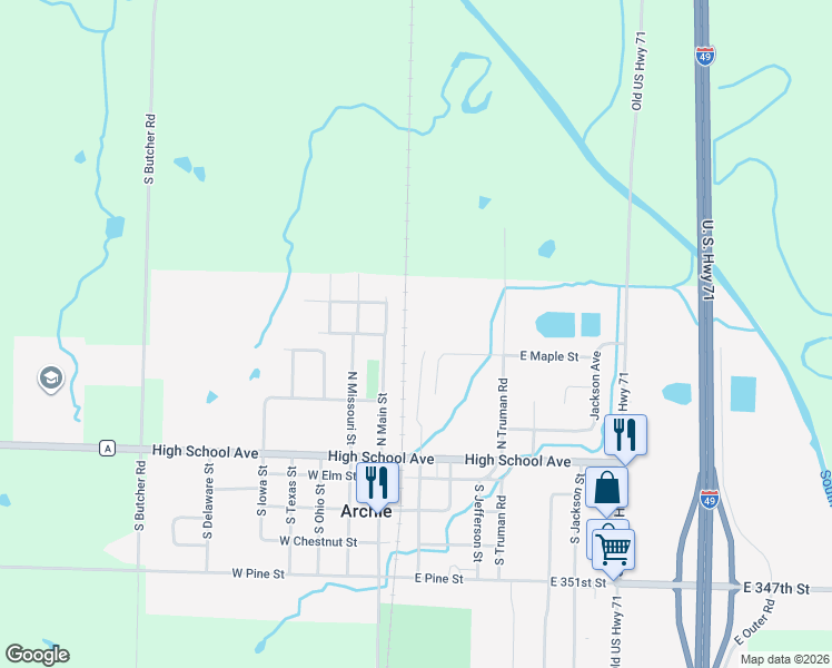 map of restaurants, bars, coffee shops, grocery stores, and more near 301 North Main Street in Archie